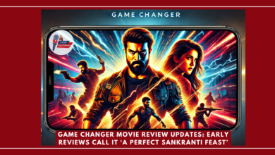 Ram Charan in Game Changer movie poster with intense action background and cinematic visuals.