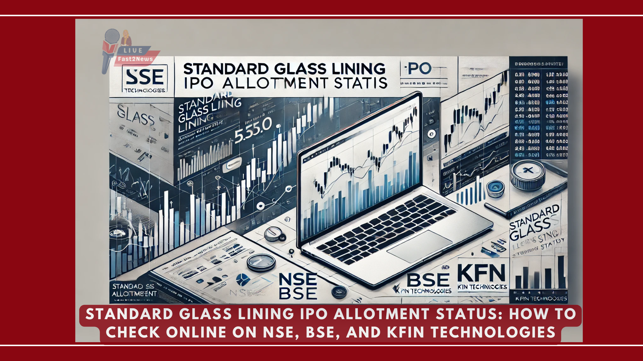 Standard Glass Lining IPO Allotment Status featured image with stock market graphs, laptop screen, and NSE, BSE, KFin Technologies logos.