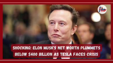Elon Musk looking concerned, with a headline stating that his net worth has dropped below $400 billion due to Tesla's crisis.