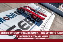 "Sebring International Raceway featuring a vintage red race car crossing the finish line with a bold track logo in the background, highlighting an ultimate racing experience."