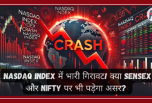 Stock market crash concept with a red downward graph, Nasdaq Index crash headline, and a worried investor