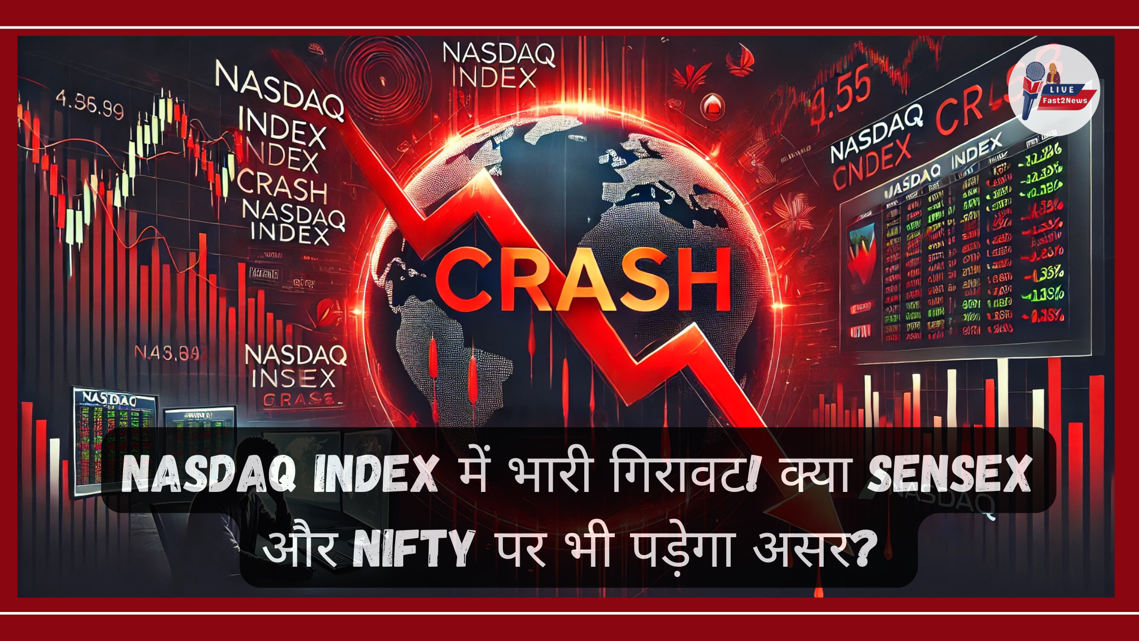 Stock market crash concept with a red downward graph, Nasdaq Index crash headline, and a worried investor