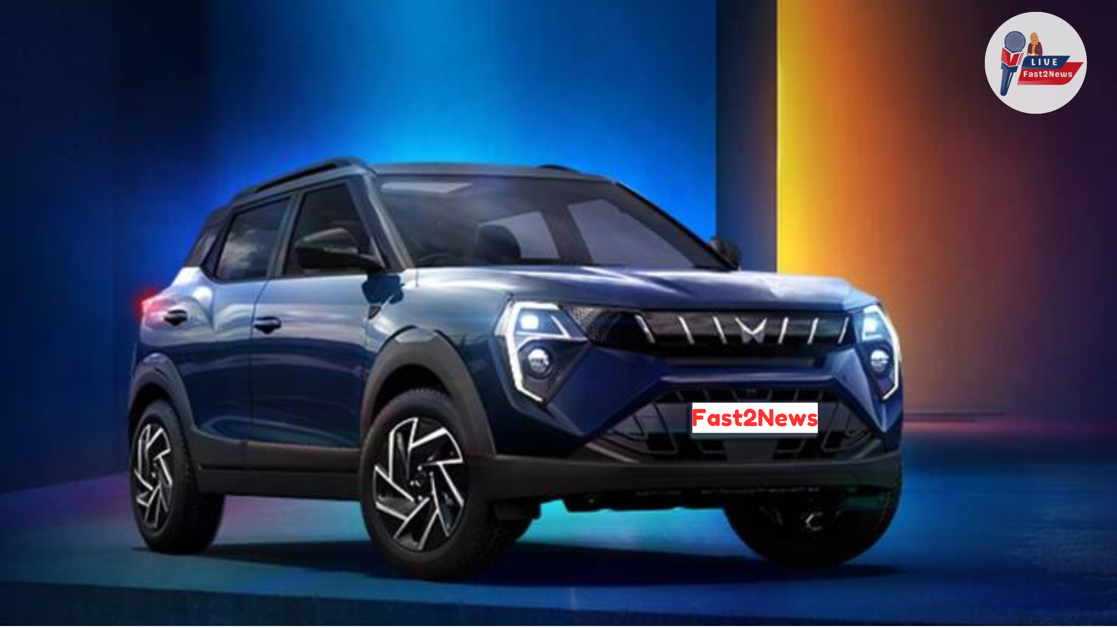 Mahindra XUV 3XO SUV in dark blue shade with futuristic LED headlamps and bold styling – showcased in a vibrant spotlight.