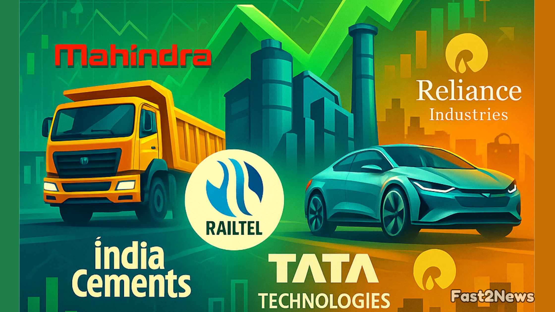 Share Market: Exciting Indian stock market rally featuring Mahindra & Mahindra, Railtel, India Cements, Tata Technologies, and Reliance Industries with vibrant growth symbols.