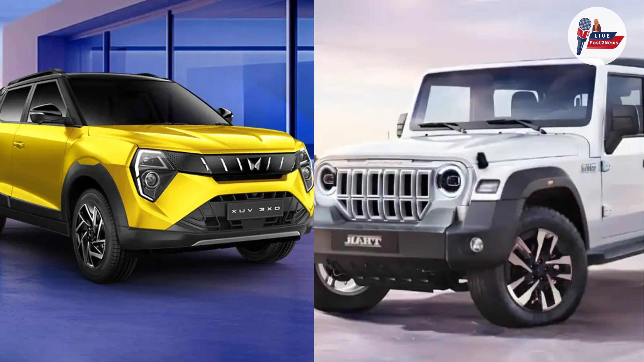 Three upcoming Mahindra cars – Yellow XUV 3XO EV, Silver Mahindra Thar Facelift, and updated XUV700 displayed together