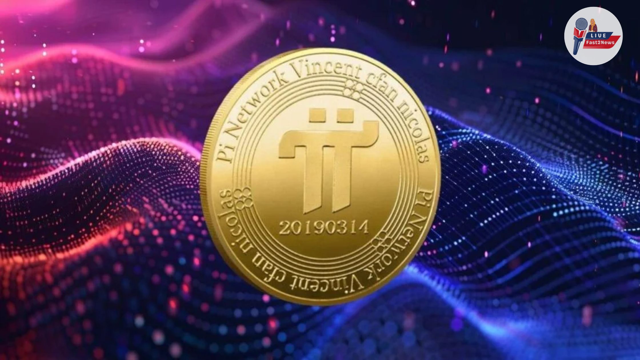 Gold PI Coin with digital wave background representing cryptocurrency and blockchain technology.