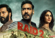 Ajay Devgn, Riteish Deshmukh and Fatima Sana Shaikh in Raid 2 movie poster – intense expressions with historical backdrop