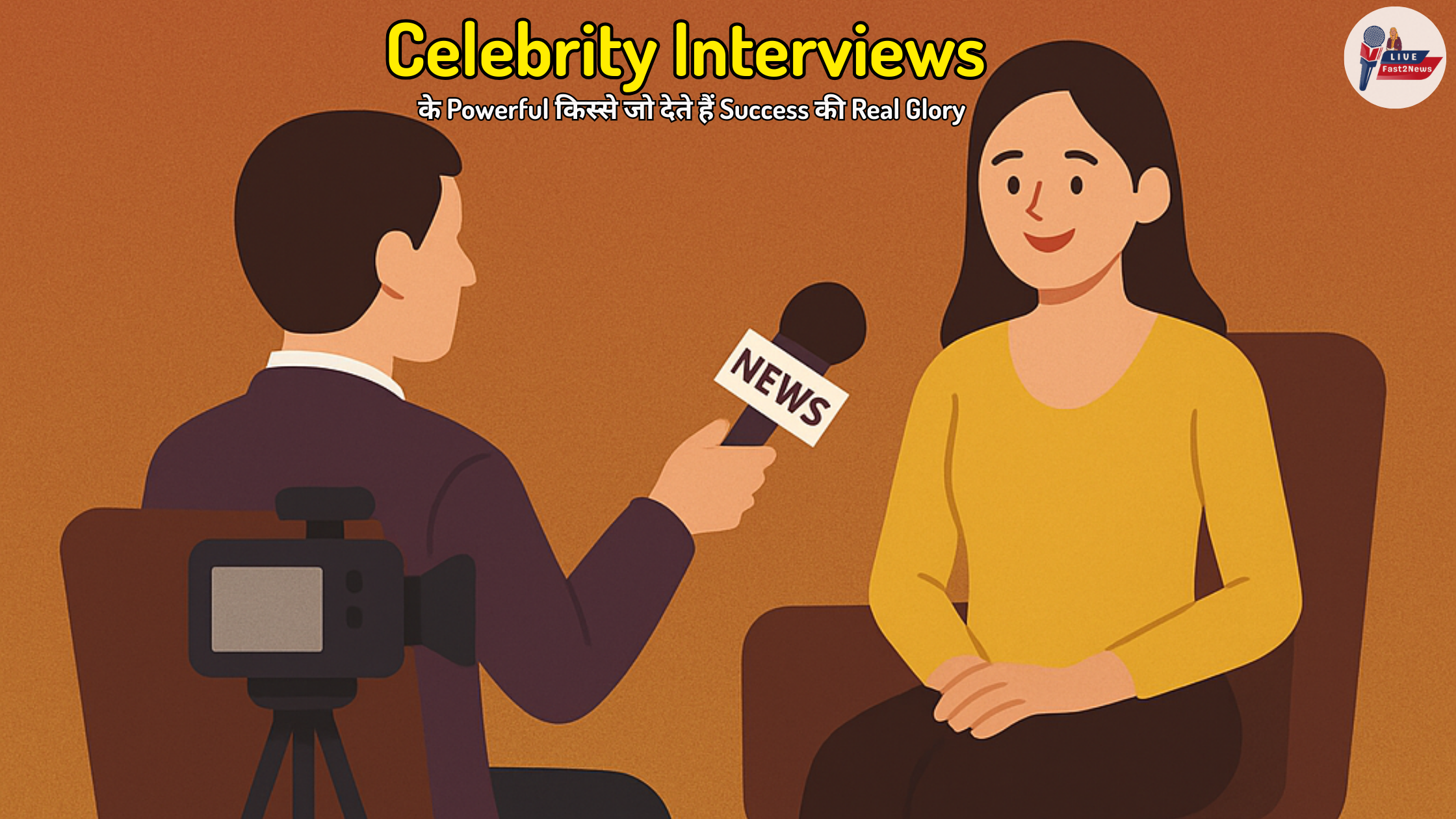 A female celebrity being interviewed by a reporter with a microphone and camera – professional setting for Celebrity Interviews.