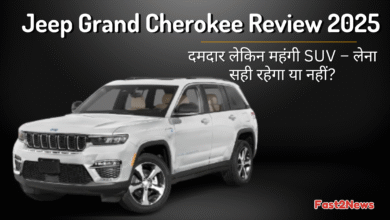 Jeep Grand Cherokee 2025 luxury SUV white model side angle with bold caption in Hindi review
