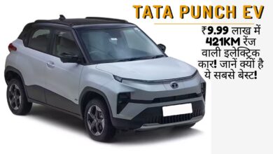 Tata Punch EV की ग्रे और ब्लैक डुअल-टोन इलेक्ट्रिक कार की फ्रंट-साइड प्रोफाइल इमेज, जिसमें ₹9.99 लाख की कीमत और 421KM रेंज का टेक्स्ट है।