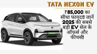 Tata Nexon EV की सफेद इलेक्ट्रिक कार की फ्रंट-साइड प्रोफाइल इमेज, जिसमें ₹85,000 के ऑफर और 2025 की सबसे बड़ी EV सेल का टेक्स्ट है।