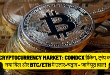 Cryptocurrency Market: सोने के रंग के बिटकॉइन सिक्कों का ढेर, जिसमें सबसे ऊपर एक सिक्के पर बड़ा 'B' प्रतीक प्रमुखता से दिखाई दे रहा है, जो क्रिप्टोकरेंसी बाजार में बिटकॉइन के महत्व को दर्शाता है।