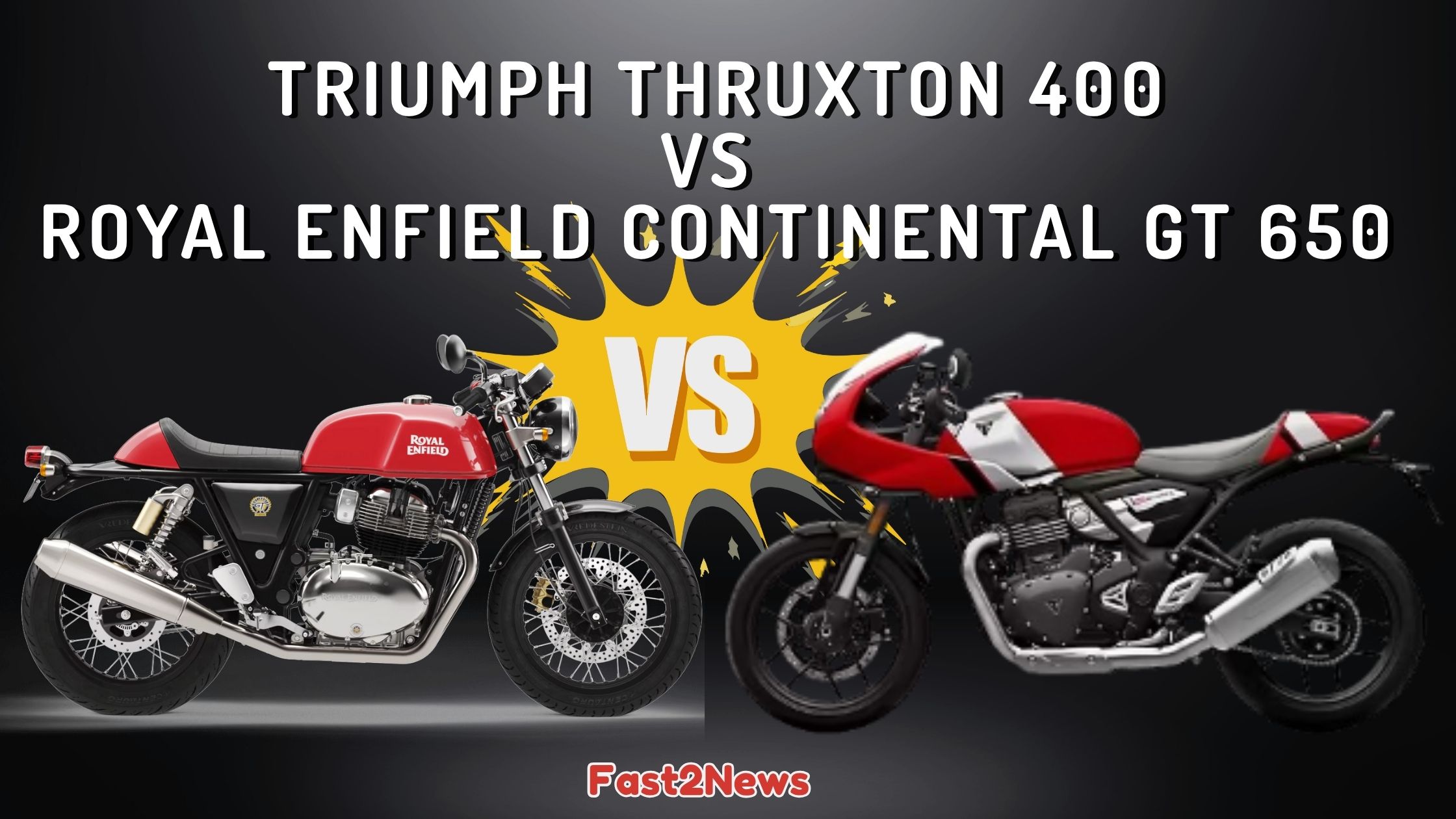 Triumph Thruxton 400 vs Royal Enfield Continental GT 650: एक साइड-बाय-साइड तुलना वाली इमेज, जिसमें दाईं ओर सेमी-फेयरिंग वाली लाल और सफेद Triumph Thruxton 400 और बाईं ओर लाल Royal Enfield Continental GT 650 दिखाई गई है।
