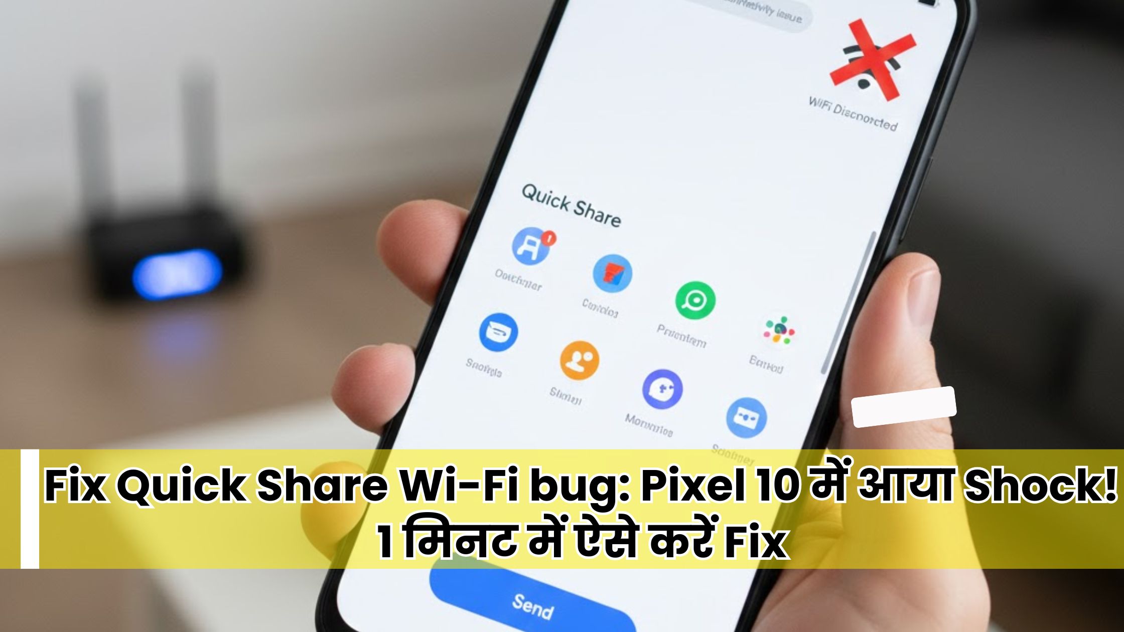 Fix Quick Share Wi-Fi bug: Google Pixel फ़ोन पर Quick Share मेनू खुला है और Wi-Fi डिसकनेक्ट है, जो Pixel 10 Wi-Fi Disconnect समस्या को दर्शाता है।