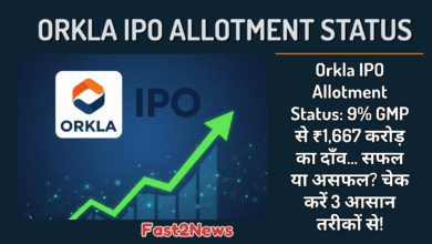 Orkla IPO allotment स्टेटस का ग्राफ़िकल प्रतिनिधित्व, जिसमें कंपनी का लोगो, IPO टेक्स्ट और एक ऊपर की ओर जाता हुआ हरा स्टॉक ग्राफ़ दर्शाया गया है।