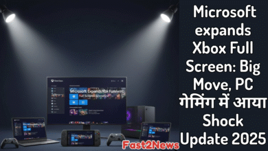 Microsoft expands Xbox Full Screen एक्सपीरियंस: एक ब्लू बैकग्राउंड पर डेस्कटॉप, लैपटॉप, हैंडहेल्ड डिवाइसेस, और Xbox कंट्रोलर्स सहित कई उपकरणों पर FSE (Full Screen Experience) इंटरफ़ेस दिखाया गया है, जिस पर ऊपर से तेज़ रोशनी पड़ रही है।