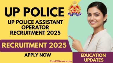 UP Police Assistant Operator 2025 recruitment banner showing job details, apply now button, and a female candidate pointing towards the information.