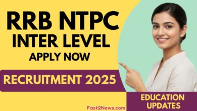 RRB NTPC Inter Level Recruitment 2025 latest recruitment notification banner with apply now message and education update graphic by Fast2News.