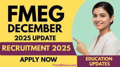 FMEG December 2025 update banner showing recruitment details and education news with a woman pointing towards the text.