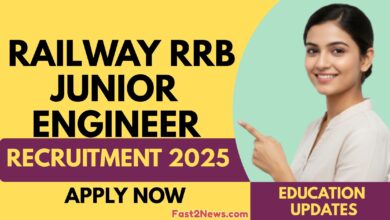 Railway RRB Junior Engineer JE Recruitment 2025 thumbnail image showing apply now update for RRB JE vacancy with a woman pointing towards the text.